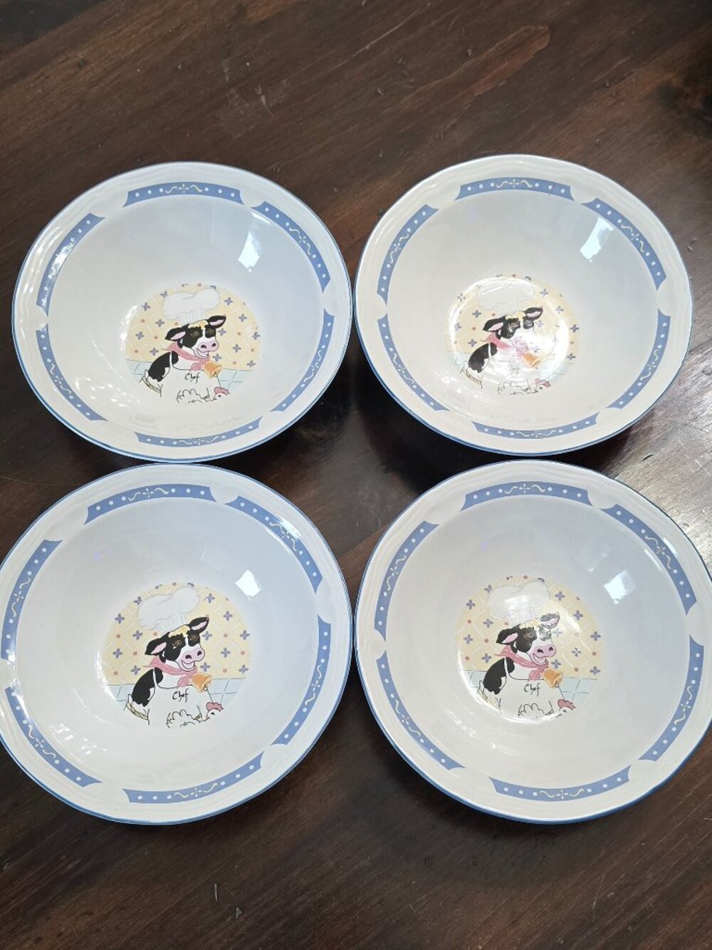 Vintage 1994 Newcor Kitchen Kow Stoneware Rim Cereal Bowls - Set of 4